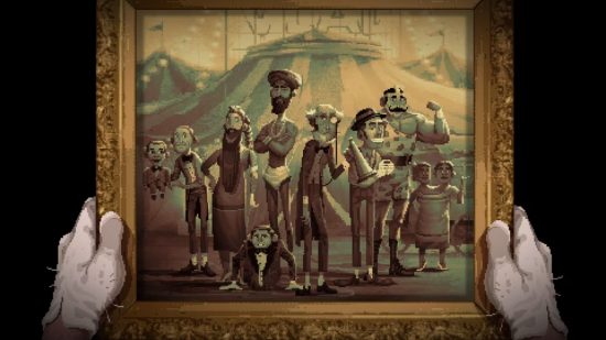 A screenshot from one of the best horror games, Vlad Circus: Descend into Madness, showing two hands holding a portrait of the circus performers in a golden frame
