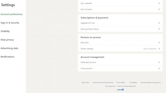Settings page with account close or hibernate option for how to delete Linkedin account guide