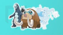 Ice Pokemon weakness: Baxcalibur, Mamoswine, and Alolan Ninetails in front of a light blue background