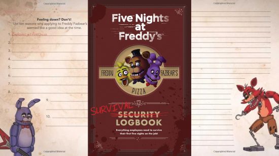 Indie Horror games - the cover of the FNAF Survival Logbook with two pages showing Bonnie and Foxy either side