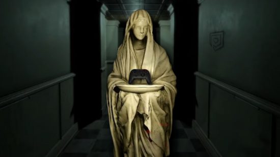 Indie horror games - the statue from Madison holding a plate with a Switch controller on it, as it stands in the middle of the hallway from the Mortuary Assistant