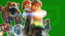 Jurassic World games: Lego dinosaurs chasing after two Lego people on a motorbike in front of a green screen