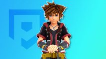 Kingdom Hearts Sora with his hands resting on the handle of his keyblade in front of a blue Pocket Tactics background