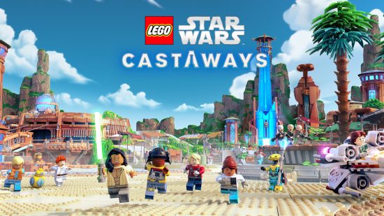 Lego games: Key art for Lego Star Wars: Castaways featuring various minifigures and a blue sky