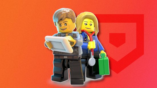 Lego games: Two main characters from Lego City: Undercover outlined in white and drop shadowed on a red PT background