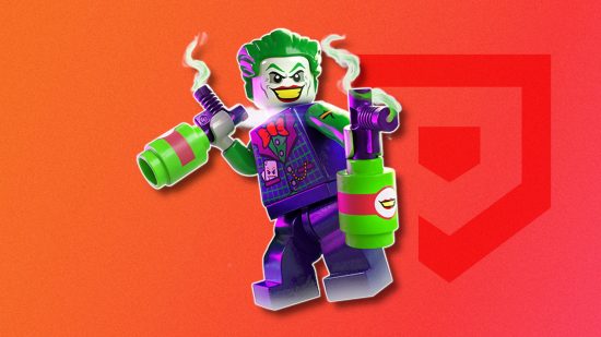 Lego games: Lego Joker holding two smoke bombs looking cheeky, outlined in white and drop shadowed on a red PT background
