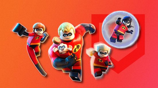 Lego games: Lego versions of all five Incredibles pasted on a red PT background