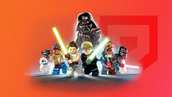 Lego games: The main crew from Skywalker Saga (Luke, Chewie, Rey, Finn, BB8, Kylo Ren, and Darth Vader) in lego form pasted on a red PT background