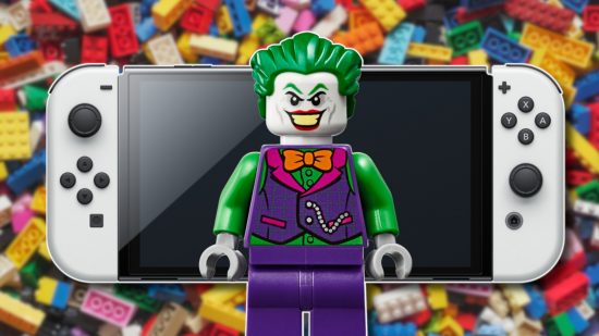 Lego games: Lego Joker standing in front of a white Switch OLED, both of which are outlined in white and drop shadowed on a blurred background of some Lego bricks in an array of colors