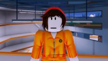 Mad City codes - a Roblox character in a prisoner jumpsuit, standing outside a cell