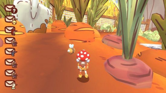 Mail Time Switch review: Daz's player character from behind wearing a red mushroom hat, standing near some giant turnips and carrots