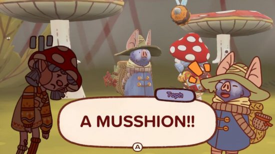 Mail Time Switch review: Toph the bat character yelling A MUSSHION!! (a wordplay of mission and mushroom) in a speech bubble to Daz's player character