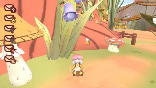 Mail Time Switch review: Daz's player character with blue pigtails and an orange outfit and pink mushroom hat sat on the floor in front of some giant grass and mushrooms. The left side of the screen features a vertical list of envelopes with character faces next to them.