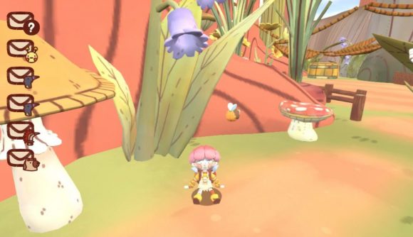 Mail Time Switch review: Daz's player character with blue pigtails and an orange outfit and pink mushroom hat sat on the floor in front of some giant grass and mushrooms. The left side of the screen features a vertical list of envelopes with character faces next to them.