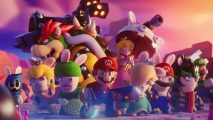Mario & Rabbids Sparks of Hope deal: key art shows Mario, his friends, and several Rabbids backed into a corner all holding guns