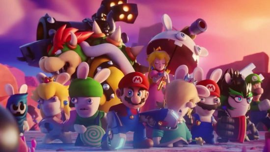 Mario & Rabbids Sparks of Hope deal: key art shows Mario, his friends, and several Rabbids backed into a corner all holding guns