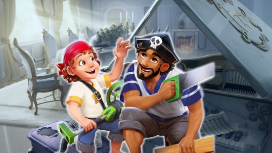 Merge Mansion 50 million downloads celebration with two pirates in a posh dining room
