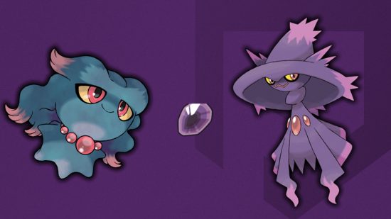 Misdreavus evolution - misdreavus, a dusk stone, and Mismagius in front of a purple background