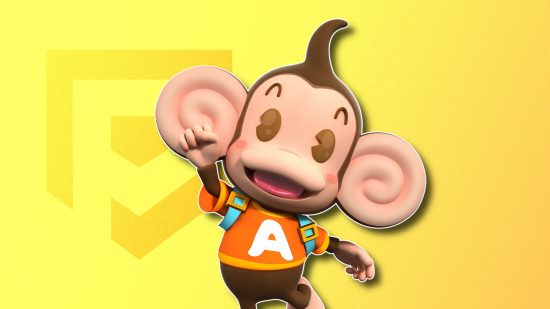 Monkey games: Aiai from Super Monkey Ball outlined in white and drop shadowed on a banana-yellow PT background
