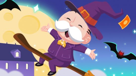 Screenshot for Monopoly Go Bewitching Bash rewards guide with the Monopoly Man riding on a witches broomstick