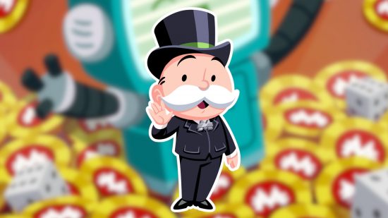 Custom image for Monopoly Go Creative Acocunting guide with the Monopoly Man standing on a background of a pile of money chips