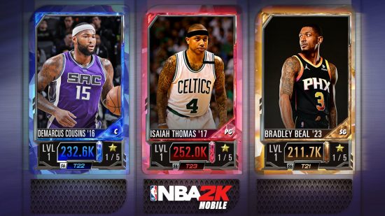 Screenshot of three players in red blue and yelllow cards for NBA 2k Mobile codes guide