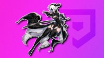Nier Automata 2B: An illustration of 2B in a fancier outfit than usual wielding a big sword, outlined in white and drop shadowed on a purple PT background