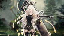 Nier Automata A2: A2 from Star Ocean outlined in white and drop shadowed on a Nier Automata background