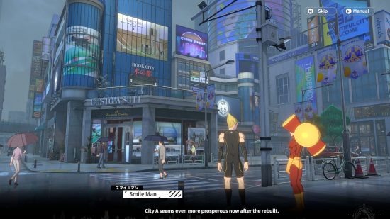 One Punch Man: World review - a screenshot of PC gameplay, showing Max Lightning and Smile Man standing on a street in City A 