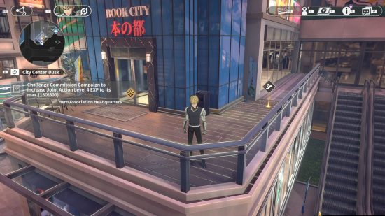 One Punch Man: World review - a screenshot of Genos standing on a balcony in City A
