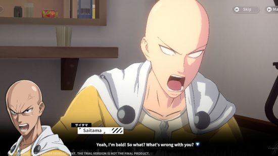 One Punch Man: World review - a screenshot of Saitama shouting 'yeah I'm bald! So what? What's wrong with you?'