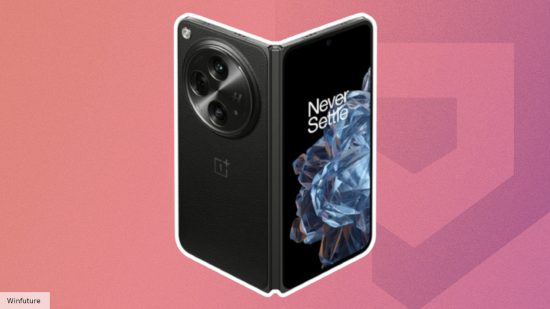 Custom image of the OnePlus Open leak image with a credit to Winfuture on a pink background