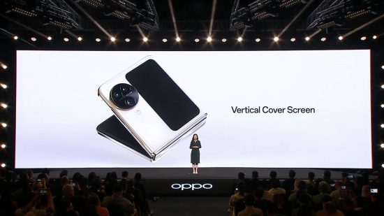Screenshot of an Oppo representative showing off the new phone on stage at the Oppo Find N3 Flip launch