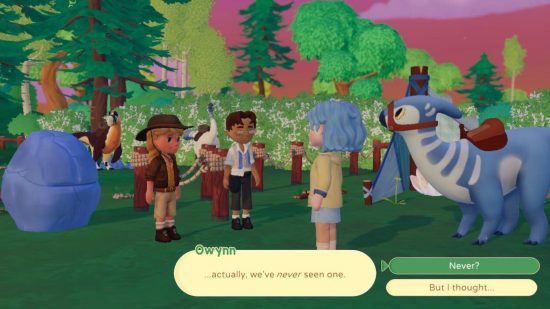Paleo Pines Switch review: A screenshot of the player character and Lucky the dinosaur meeting Mari and Owynn, two key NPCs in Veridian Valley