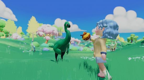 Paleo Pines Switch review: A light-blue-haired player character in a yellow jacket offering a brown treat to a deep green Gallimimus in a green field
