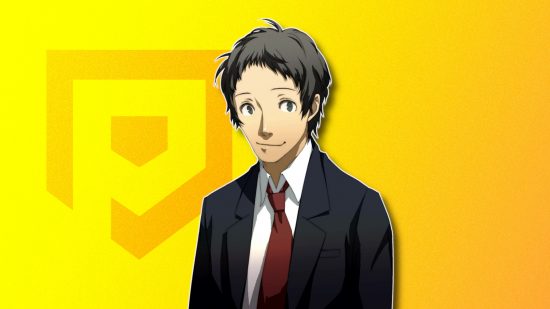 Persona 4 Adachi: Adachi outlined in white and drop-shadowed on a P4G yellow PT background