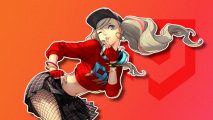 Persona 5 Ann: Ann in her dancing outfit outlined in white and drop shadowed on a red PT background