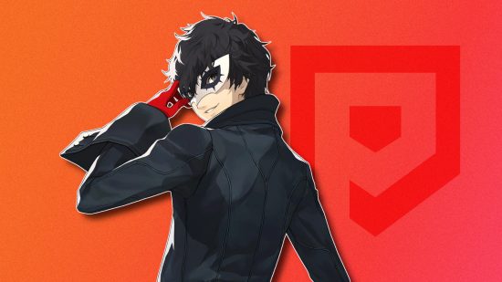 Persona 5 Joker: Joker looking over his shoulder, outlined in white and pasted on a red PT background