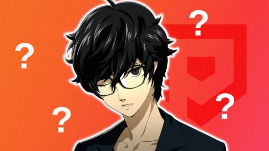 Persona 5 Royal answers: Akira/Joker outlined in white, looking sleepy in his casual clothes and glasses, surrounded by white question marks. He is pasted on a red PT background