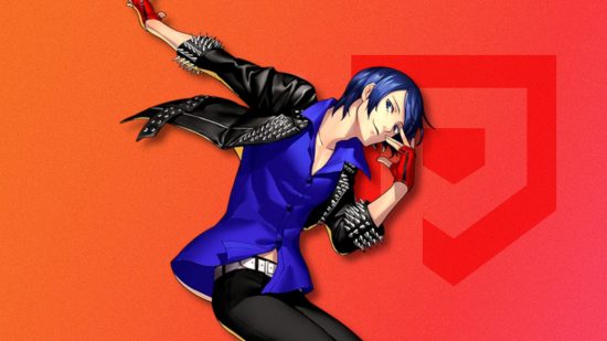 Persona 5 Yusuke: Yusuke from Dancing in Starlight drop-shadowed on a red PT background