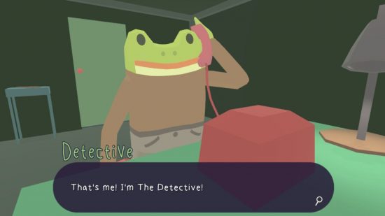 point and click games - Frog Detective answering a phone in a green room