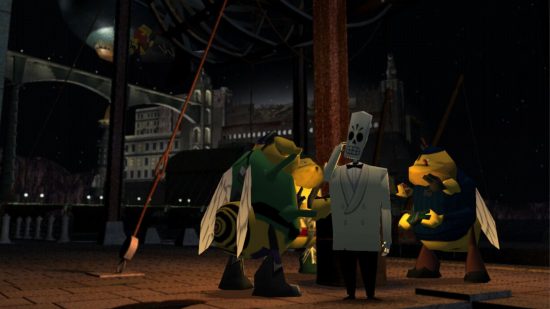 point and click games - Grim Fandango characters standing on a boat at night in a city