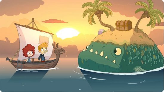 point and click games - two humanoid characters in Lost In Play sailing a boat towards a monster