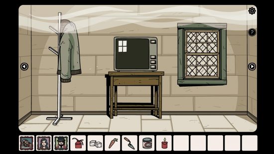 point and click games - a puzzling level in Nowhere House showing a coat rack, TV, and a window