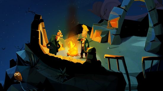 point and click games - Two characters sat at a campfire on a cliff in Return To Monkey Island