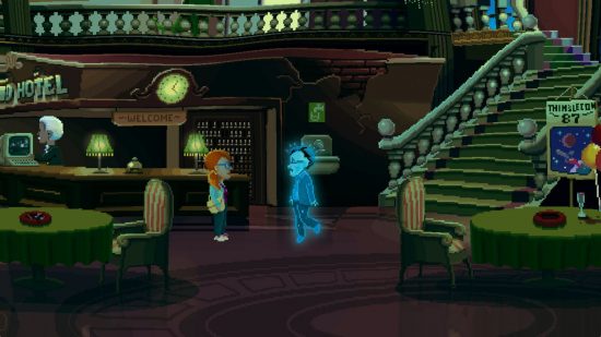 point and click games - A haunted location in Thimbleweed Park with a ghost floating toward a human
