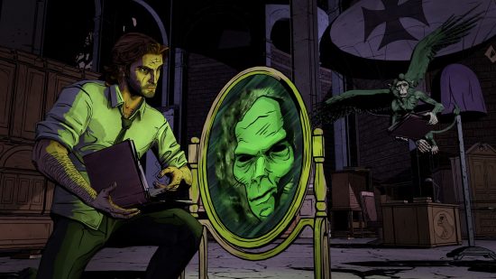 point and click games - Wolf Among Us' sherriff looking into a cursed mirror with a flying monkey coming towards him