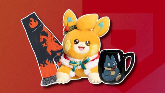 Pokemon Center Holiday collection: A Pawmi Christmas plus, a Munchlax mug, and a Charizard scarf all grouped together and outlined in white, pasted on a dark red PT background