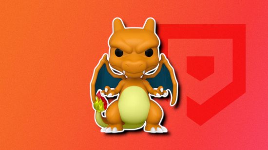 Pokemon figures: A Charizard Funko Pop Vinyl outlined in white and pasted on a red PT background