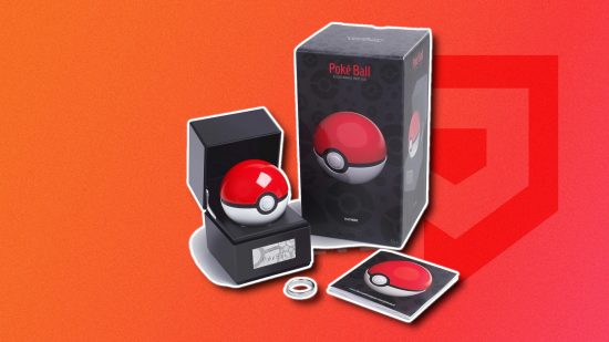 Pokemon figures: The die-cast Poke Ball replica, box, and book outlined in white and pasted on a red PT background